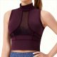 Women's Burgundy Turtleneck Sleeveless Crop Top with Mesh Panel – Yoga Running Athletic Tank Top No Padding