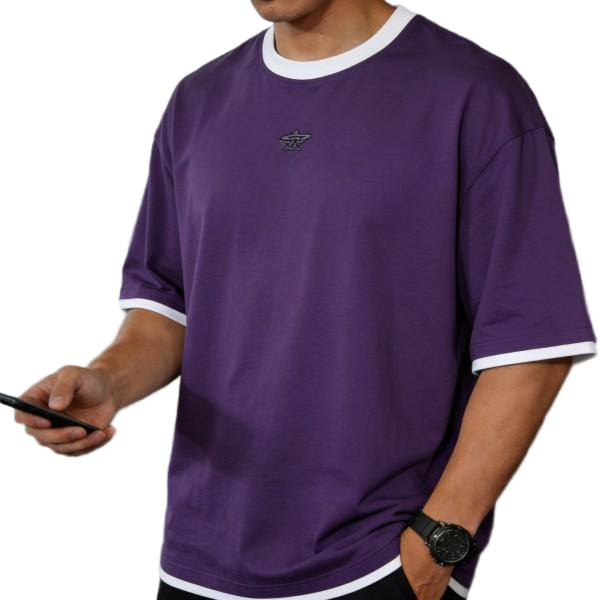 Men's Purple Contrast-Trim Oversized T-Shirt