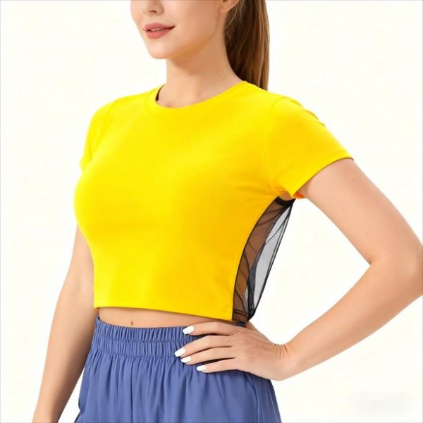 Women's Yellow Short-Sleeve Crop Top with Back Mesh – Breathable Workout Running Shirt No Padding