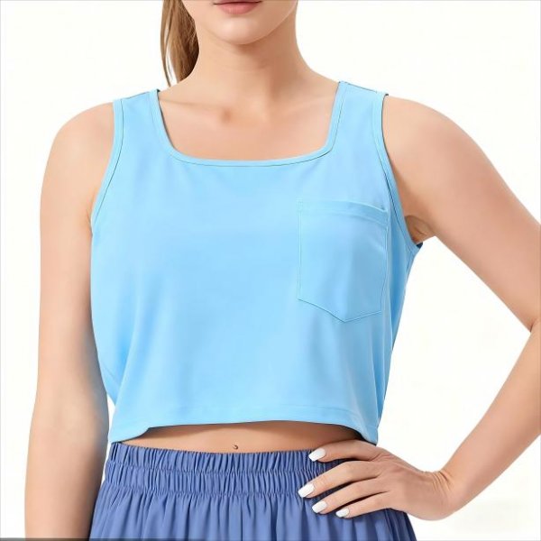Women's Light Blue Square Neck Sleeveless Crop Top with Pocket – Casual Workout Yoga Tank Top No Padding