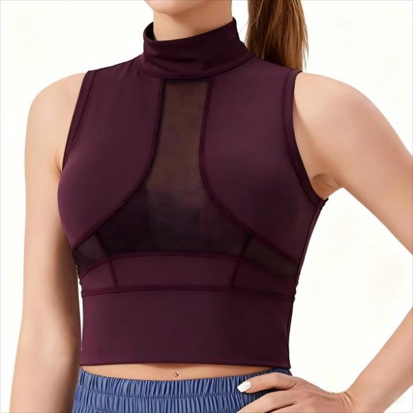 Women's Burgundy Turtleneck Sleeveless Crop Top with Mesh Panel – Yoga Running Athletic Tank Top No Padding