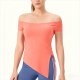 Women's Coral Off-Shoulder Short-Sleeve Crop Top – Yoga Running Athletic Shirt with Asymmetrical Hem No Padding