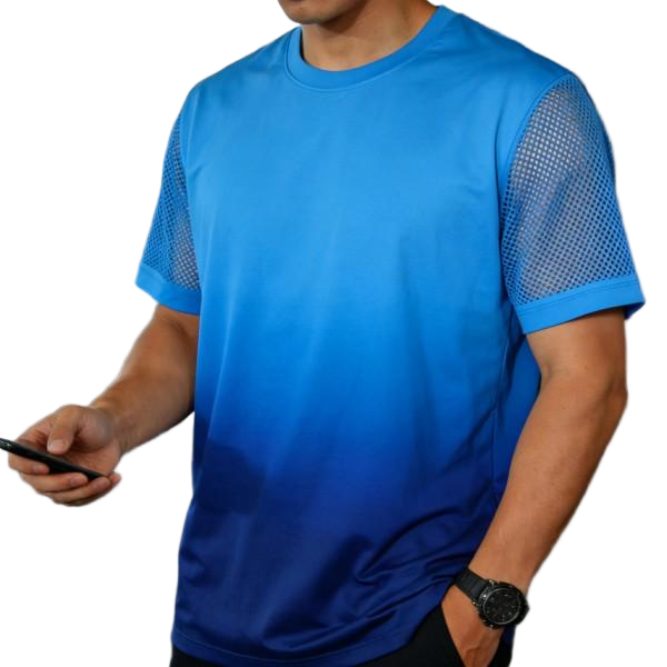 Men's Blue Gradient Mesh-Sleeve Athletic T-Shirt