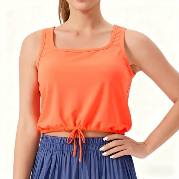 Women's Orange Drawstring Waist Sleeveless Crop Top – Yoga Running Athletic Tank Top No Padding